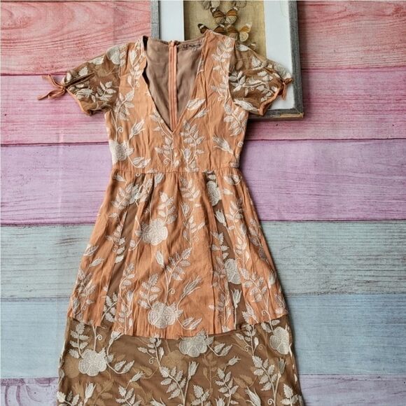 For Love and Lemons Peach Mia Floral Embroidered Sheer Tiered Maxi‎ Dress Small - Picture 5 of 7